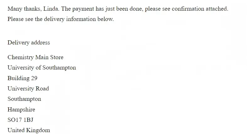 Payment Confirmation for CarbonCoated Aluminum Foil Delivered to University of Southampton Payment Confirmation for CarbonCoated Aluminum Foil Delivered to University of Southampton